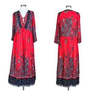 Free People | If Only You Knew Red Floral Slit Flowy Boho Maxi Dress EUC XS